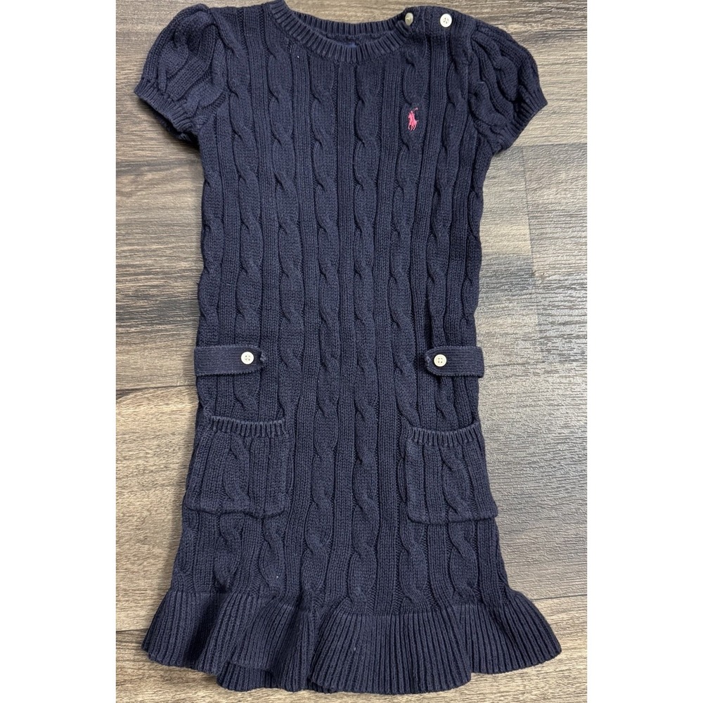 Ralph Lauren Sweater Dress Girls Size 5 Cable Knit Short Sleeve‎ Pockets